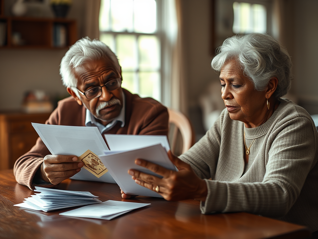 Senior couple reviewing Medicare and life insurance documents at home