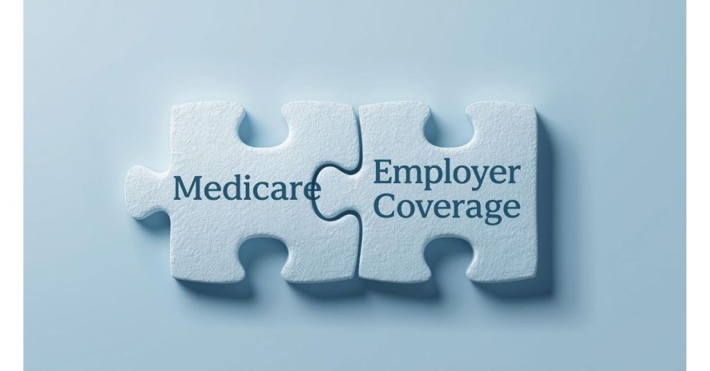 Two interlocking puzzle pieces labeled Medicare and Employer Coverage symbolizing coordination of benefits.
